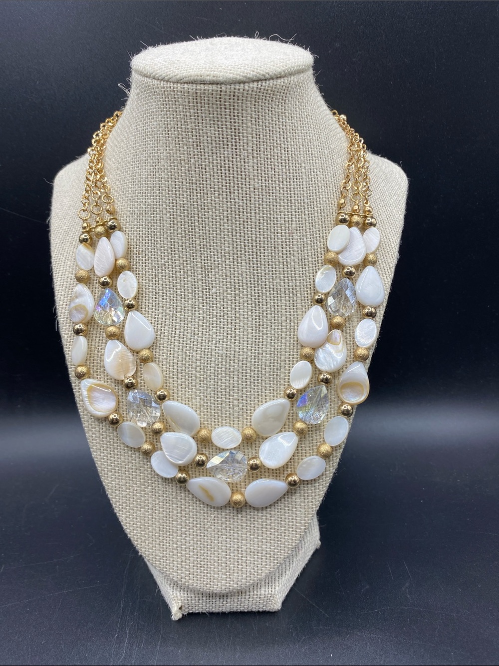CHARMING CHARLIE Mother of Pearl Gold Tone Chains Triple Strand Layered Necklace